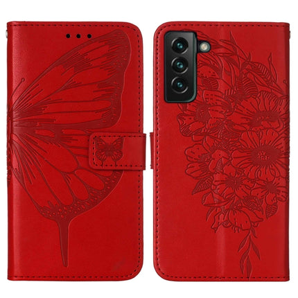 For Samsung Galaxy S22+ 5G Embossed Butterfly Leather Phone Case with Holder & Card Slot & Wallet & Lanyard(Red)-garmade.com