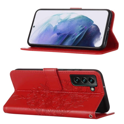 For Samsung Galaxy S22+ 5G Embossed Butterfly Leather Phone Case with Holder & Card Slot & Wallet & Lanyard(Red)-garmade.com