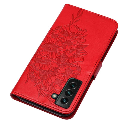 For Samsung Galaxy S22+ 5G Embossed Butterfly Leather Phone Case with Holder & Card Slot & Wallet & Lanyard(Red)-garmade.com