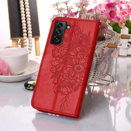 For Samsung Galaxy S22+ 5G Embossed Butterfly Leather Phone Case with Holder & Card Slot & Wallet & Lanyard(Red)-garmade.com