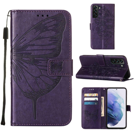 For Samsung Galaxy S22+ 5G Embossed Butterfly Leather Phone Case with Holder & Card Slot & Wallet & Lanyard(Dark Purple)-garmade.com
