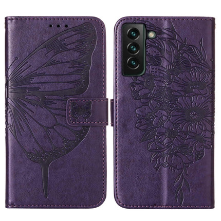 For Samsung Galaxy S22+ 5G Embossed Butterfly Leather Phone Case with Holder & Card Slot & Wallet & Lanyard(Dark Purple)-garmade.com