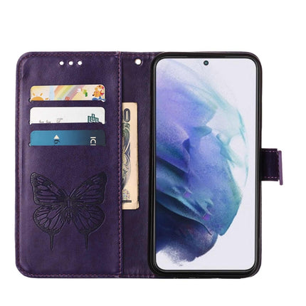 For Samsung Galaxy S22+ 5G Embossed Butterfly Leather Phone Case with Holder & Card Slot & Wallet & Lanyard(Dark Purple)-garmade.com