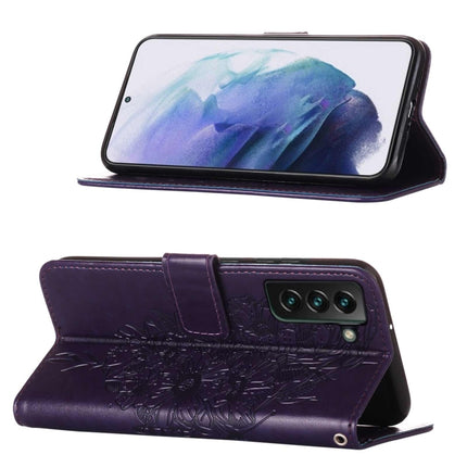 For Samsung Galaxy S22+ 5G Embossed Butterfly Leather Phone Case with Holder & Card Slot & Wallet & Lanyard(Dark Purple)-garmade.com