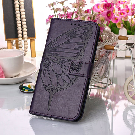 For Samsung Galaxy S22+ 5G Embossed Butterfly Leather Phone Case with Holder & Card Slot & Wallet & Lanyard(Dark Purple)-garmade.com
