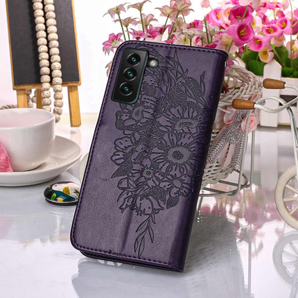 For Samsung Galaxy S22+ 5G Embossed Butterfly Leather Phone Case with Holder & Card Slot & Wallet & Lanyard(Dark Purple)-garmade.com
