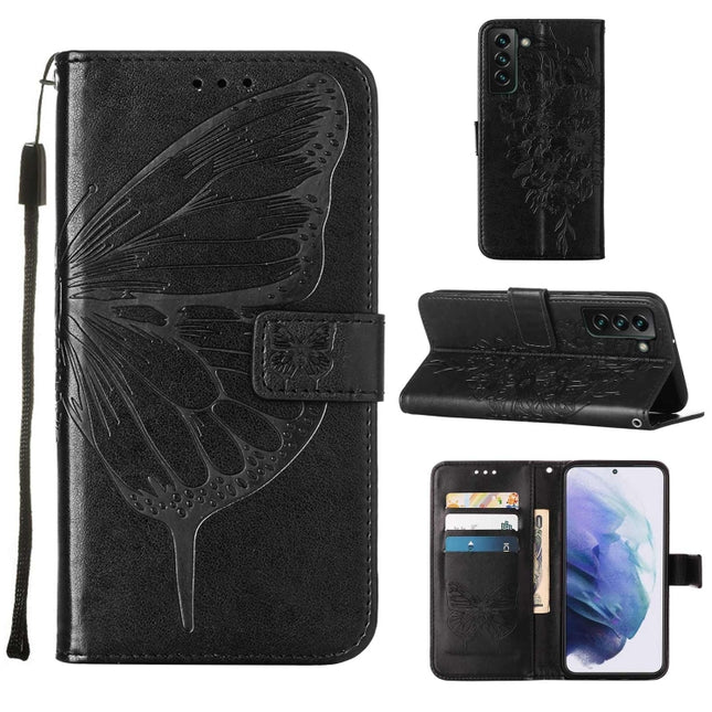 For Samsung Galaxy S22+ 5G Embossed Butterfly Leather Phone Case with Holder & Card Slot & Wallet & Lanyard(Black)-garmade.com