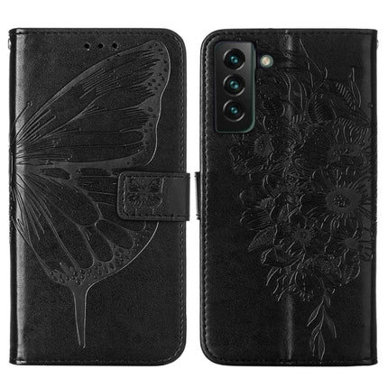 For Samsung Galaxy S22+ 5G Embossed Butterfly Leather Phone Case with Holder & Card Slot & Wallet & Lanyard(Black)-garmade.com