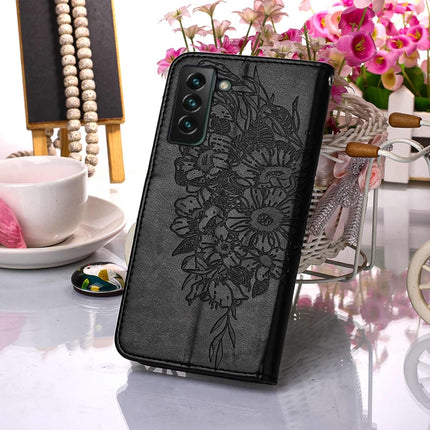 For Samsung Galaxy S22+ 5G Embossed Butterfly Leather Phone Case with Holder & Card Slot & Wallet & Lanyard(Black)-garmade.com