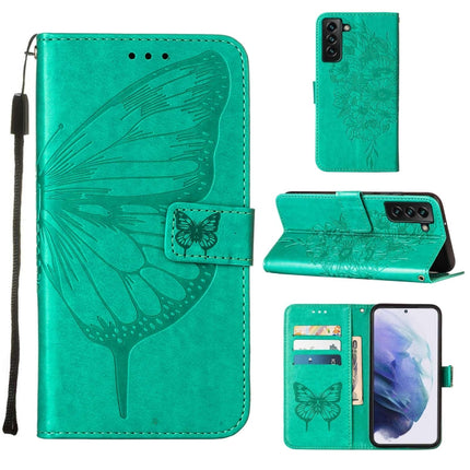 For Samsung Galaxy S22+ 5G Embossed Butterfly Leather Phone Case with Holder & Card Slot & Wallet & Lanyard(Green)-garmade.com