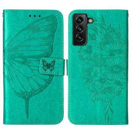 For Samsung Galaxy S22+ 5G Embossed Butterfly Leather Phone Case with Holder & Card Slot & Wallet & Lanyard(Green)-garmade.com