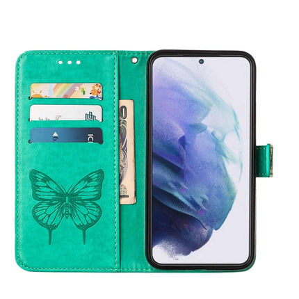 For Samsung Galaxy S22+ 5G Embossed Butterfly Leather Phone Case with Holder & Card Slot & Wallet & Lanyard(Green)-garmade.com