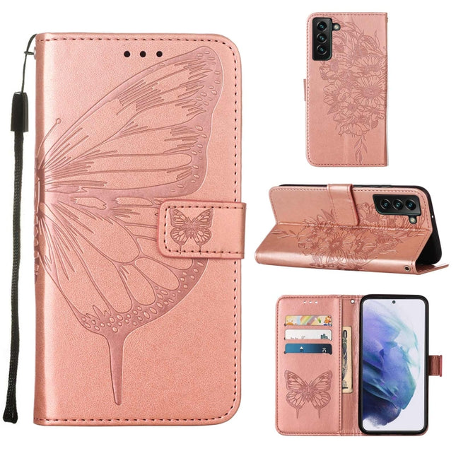 For Samsung Galaxy S22+ 5G Embossed Butterfly Leather Phone Case with Holder & Card Slot & Wallet & Lanyard(Rose Gold)-garmade.com