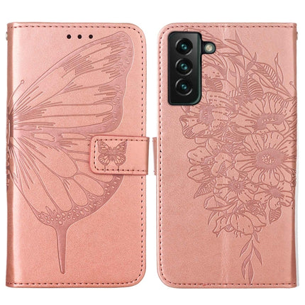 For Samsung Galaxy S22+ 5G Embossed Butterfly Leather Phone Case with Holder & Card Slot & Wallet & Lanyard(Rose Gold)-garmade.com