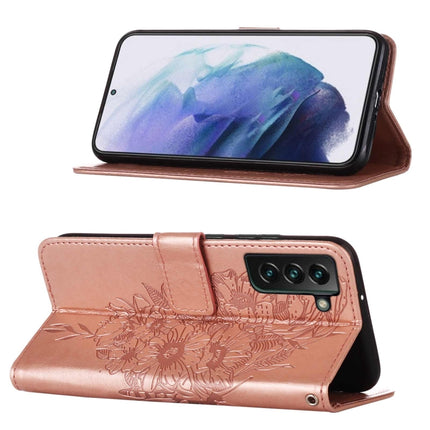 For Samsung Galaxy S22+ 5G Embossed Butterfly Leather Phone Case with Holder & Card Slot & Wallet & Lanyard(Rose Gold)-garmade.com