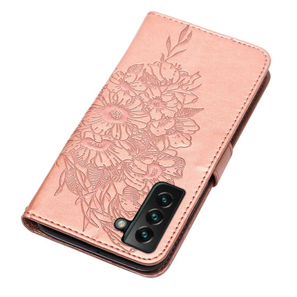 For Samsung Galaxy S22+ 5G Embossed Butterfly Leather Phone Case with Holder & Card Slot & Wallet & Lanyard(Rose Gold)-garmade.com