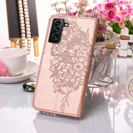 For Samsung Galaxy S22+ 5G Embossed Butterfly Leather Phone Case with Holder & Card Slot & Wallet & Lanyard(Rose Gold)-garmade.com