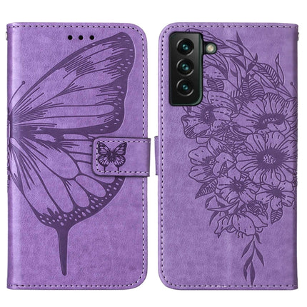 For Samsung Galaxy S22+ 5G Embossed Butterfly Leather Phone Case with Holder & Card Slot & Wallet & Lanyard(Purple)-garmade.com