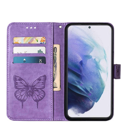 For Samsung Galaxy S22+ 5G Embossed Butterfly Leather Phone Case with Holder & Card Slot & Wallet & Lanyard(Purple)-garmade.com