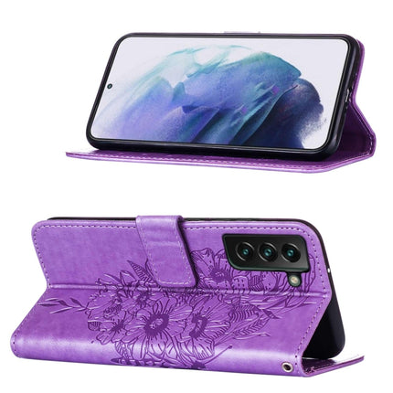 For Samsung Galaxy S22+ 5G Embossed Butterfly Leather Phone Case with Holder & Card Slot & Wallet & Lanyard(Purple)-garmade.com