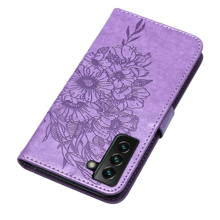 For Samsung Galaxy S22+ 5G Embossed Butterfly Leather Phone Case with Holder & Card Slot & Wallet & Lanyard(Purple)-garmade.com