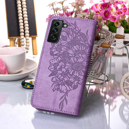 For Samsung Galaxy S22+ 5G Embossed Butterfly Leather Phone Case with Holder & Card Slot & Wallet & Lanyard(Purple)-garmade.com