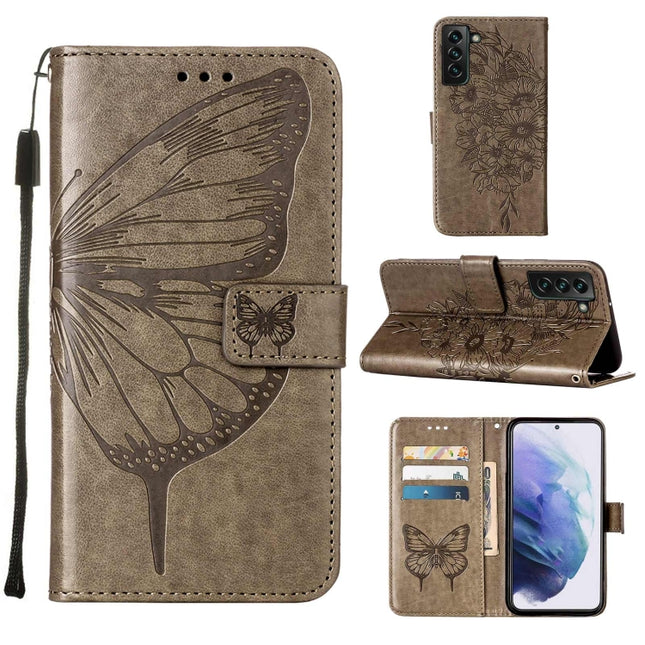 For Samsung Galaxy S22+ 5G Embossed Butterfly Leather Phone Case with Holder & Card Slot & Wallet & Lanyard(Grey)-garmade.com