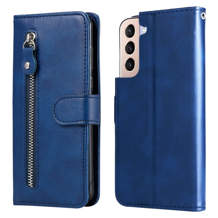 For Samsung Galaxy S22+ 5G Calf Texture Zipper Horizontal Flip Leather Phone Case(Blue)-garmade.com