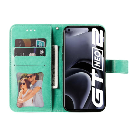 For OPPO Realme GT Neo2 7-petal Flowers Embossed Flip Leather Phone Case with Holder & Card Slots(Green)-garmade.com