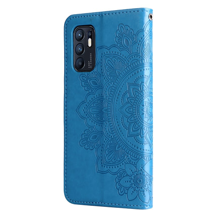 For OPPO Reno6 4G 7-petal Flowers Embossed Flip Leather Phone Case with Holder & Card Slots(Blue)-garmade.com