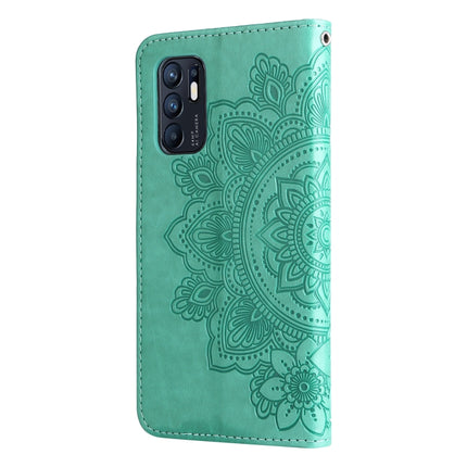 For OPPO Reno6 4G 7-petal Flowers Embossed Flip Leather Phone Case with Holder & Card Slots(Green)-garmade.com