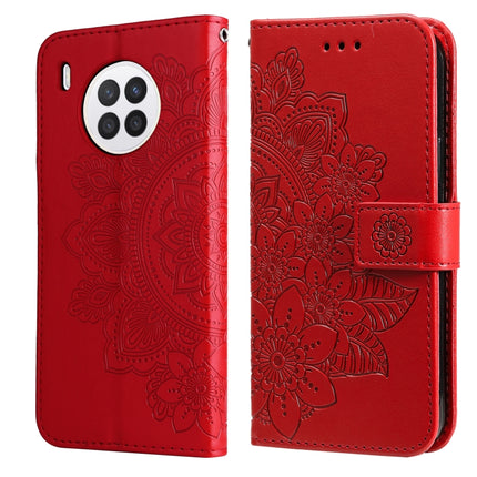 For Huawei nova 8i / Honor 50 Lite 7-petal Flowers Embossed Flip Leather Phone Case with Holder & Card Slots(Red)-garmade.com
