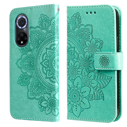 For Huawei nova 9 / Honor 50 7-petal Flowers Embossed Flip Leather Phone Case with Holder & Card Slots(Green)-garmade.com