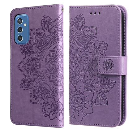 For Samsung Galaxy M52 5G 7-petal Flowers Embossed Flip Leather Phone Case with Holder & Card Slots(Light Purple)-garmade.com