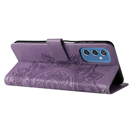For Samsung Galaxy M52 5G 7-petal Flowers Embossed Flip Leather Phone Case with Holder & Card Slots(Light Purple)-garmade.com