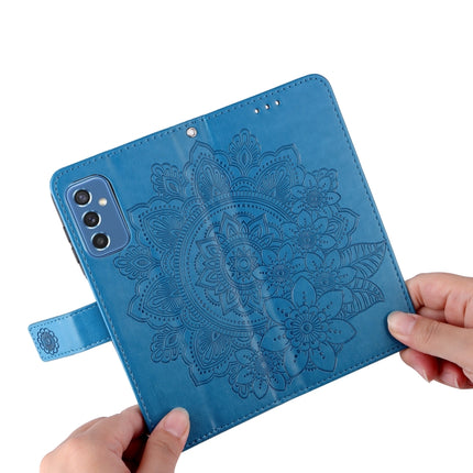 For Samsung Galaxy M52 5G 7-petal Flowers Embossed Flip Leather Phone Case with Holder & Card Slots(Blue)-garmade.com