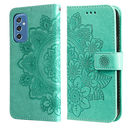 For Samsung Galaxy M52 5G 7-petal Flowers Embossed Flip Leather Phone Case with Holder & Card Slots(Green)-garmade.com