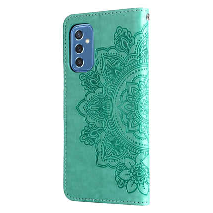For Samsung Galaxy M52 5G 7-petal Flowers Embossed Flip Leather Phone Case with Holder & Card Slots(Green)-garmade.com