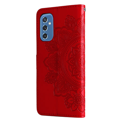 For Samsung Galaxy M52 5G 7-petal Flowers Embossed Flip Leather Phone Case with Holder & Card Slots(Red)-garmade.com