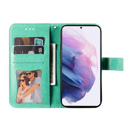 For Samsung Galaxy S22 5G 7-petal Flowers Embossed Flip Leather Phone Case with Holder & Card Slots(Green)-garmade.com