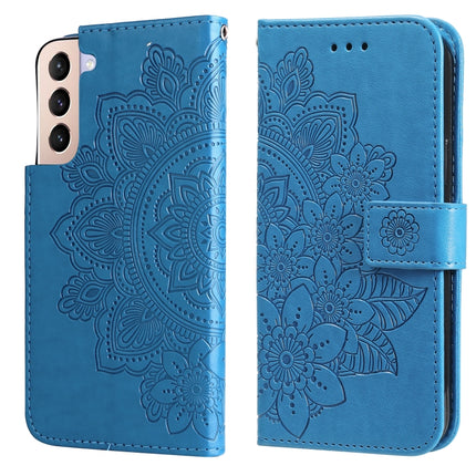 For Samsung Galaxy S22+ 5G 7-petal Flowers Embossed Flip Leather Phone Case with Holder & Card Slots(Blue)-garmade.com