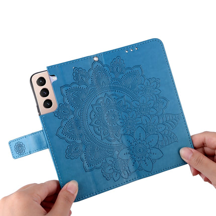 For Samsung Galaxy S22+ 5G 7-petal Flowers Embossed Flip Leather Phone Case with Holder & Card Slots(Blue)-garmade.com