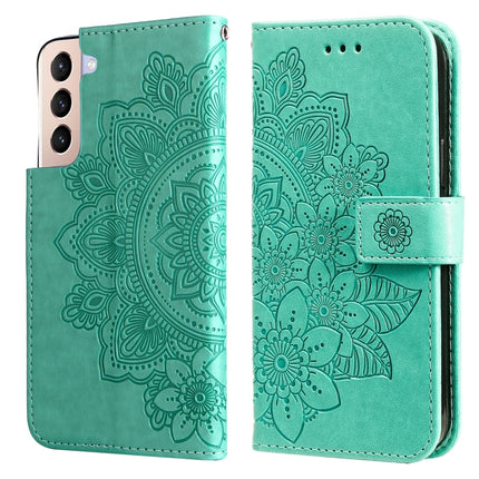 For Samsung Galaxy S22+ 5G 7-petal Flowers Embossed Flip Leather Phone Case with Holder & Card Slots(Green)-garmade.com