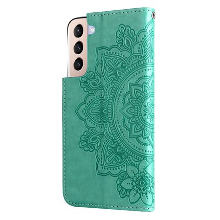 For Samsung Galaxy S22+ 5G 7-petal Flowers Embossed Flip Leather Phone Case with Holder & Card Slots(Green)-garmade.com