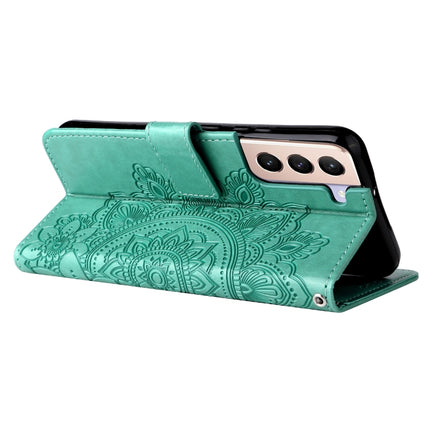For Samsung Galaxy S22+ 5G 7-petal Flowers Embossed Flip Leather Phone Case with Holder & Card Slots(Green)-garmade.com