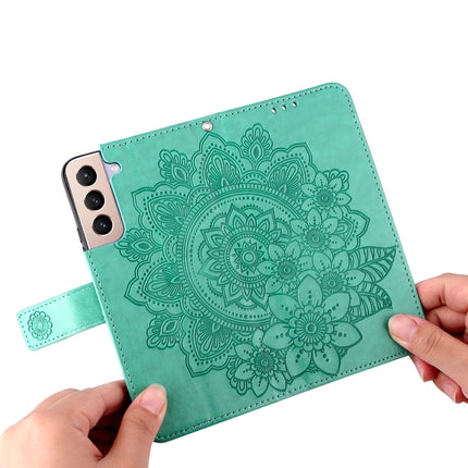 For Samsung Galaxy S22+ 5G 7-petal Flowers Embossed Flip Leather Phone Case with Holder & Card Slots(Green)-garmade.com