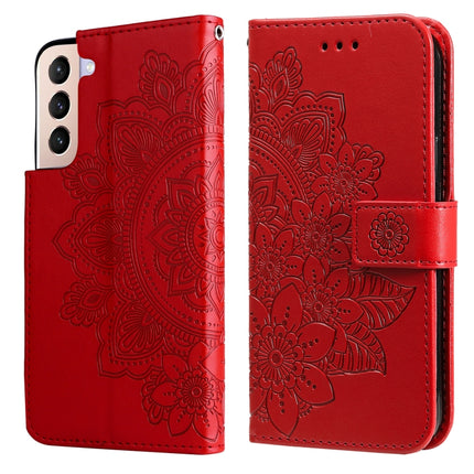 For Samsung Galaxy S22+ 5G 7-petal Flowers Embossed Flip Leather Phone Case with Holder & Card Slots(Red)-garmade.com