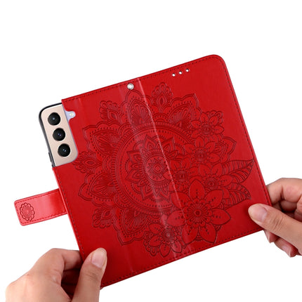 For Samsung Galaxy S22+ 5G 7-petal Flowers Embossed Flip Leather Phone Case with Holder & Card Slots(Red)-garmade.com