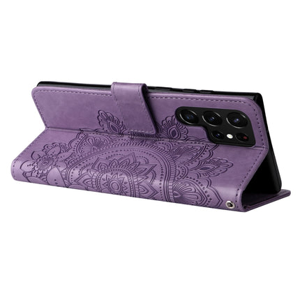 Samsung Galaxy S22 UItra 5G 7-petal Flowers Embossed Flip Leather Phone Case with Holder & Card Slots(Light Purple)-garmade.com