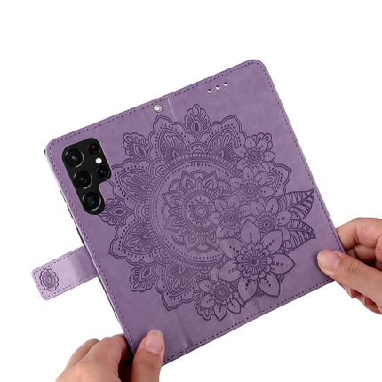 Samsung Galaxy S22 UItra 5G 7-petal Flowers Embossed Flip Leather Phone Case with Holder & Card Slots(Light Purple)-garmade.com